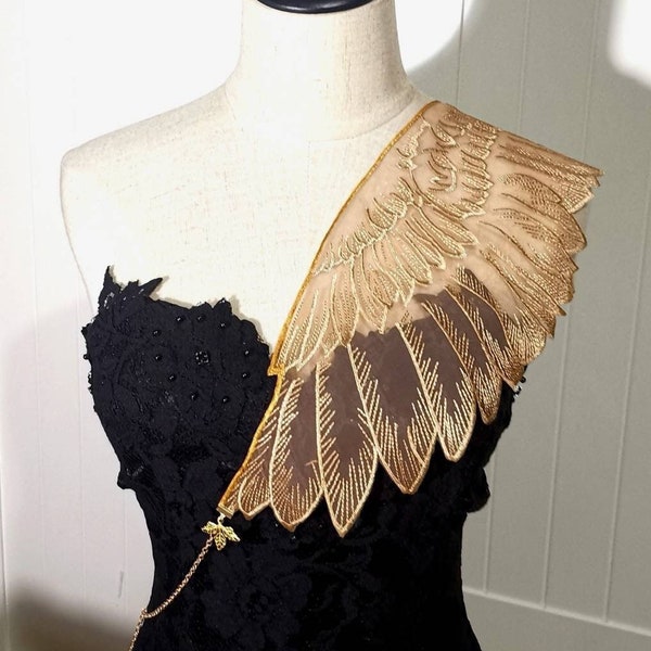 sheer wing organza lace shoulder gold body chain / brown black lace accessory party shower statement necklace gothic lace top scarf shawl