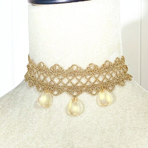 Vintage gold lace crystal beaded choker / victorian necklace  / gothic beaded necklace / gold lace collar necklace gift for her