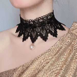 cotton black lace collar choker necklace - large gothic spike pearl choker - boho retro Vintage victorian lace collar gift for her green