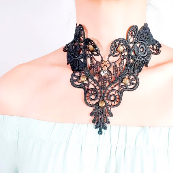black lace necklace - bridal necklace - wedding gothic large bib choker - victorian vintage beaded gothic gift for her