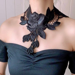black Rose lace collar bib necklace / statement necklace / chunky big gothic leather choker necklace / boho floral PU vintage collar gift