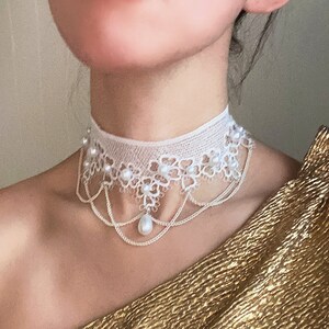 pearls layers white floral lace choker necklace - bridal wedding necklace vintage  beaded  lace choker -  boho victorian gothic lace choker