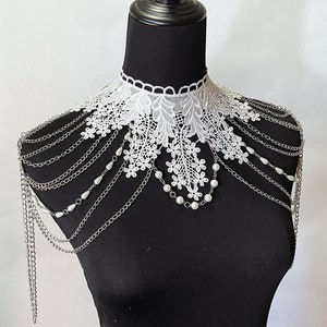 large white floral lace pearls necklace / silver pearls body chain / wedding bridal shoulder piece lace collar art deco statement jewelry