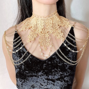 large gold lace choker bib statement necklace / layered pearls body chain / wedding bridal vintage art deco shoulder jewelry gift for women