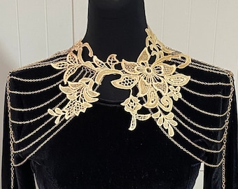 large gold lace floral bib necklace shoulder body chain / statement gold choker layered body chain / vintage art deco jewelry gift for women