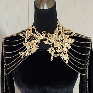 large gold lace floral bib necklace shoulder body chain / statement gold choker layered body chain / vintage art deco jewelry gift for women