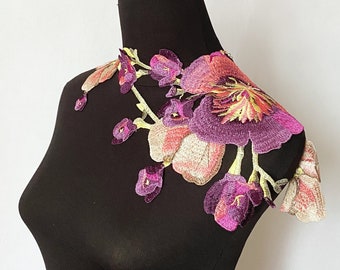 multicolor floral lace necklace shoulder jewelry wrap / Large Epaulette flowers bib shawl / Statement accessory / boho lace collar dress top