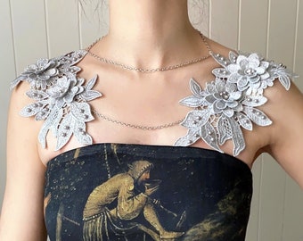 3D floral silver lace pearls shoulder jewelry eppaulette  bib necklace / boho Statement lace rhinestone beaded accessory / designer  gift