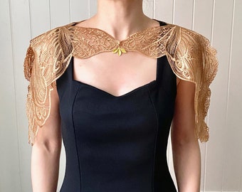 statement gold sheer lace butterfly cape epaulettes necklace shawl / shoulder jewelry / Vintage art deco gothic boho wedding bolero