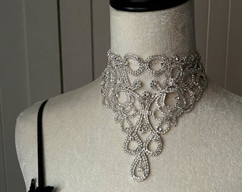 Silver rhinestones Vintage choker collar necklace / diamonds crystals lacy large choker bib / wedding bridal boho lacy necklace gift women