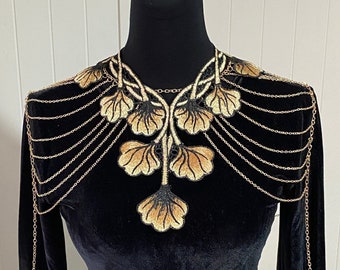 oversize beige gold black leaf lace bib collar necklace / gold layers shoulder body chain statement capelet / red goth boho art deco gift