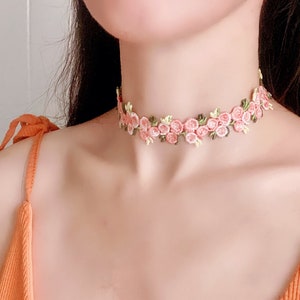 sale pink floral lace choker necklace / embroidered flowers collar choker / boho choker vintage retro lace choker handmade gift