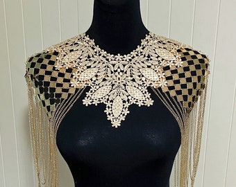 Gold Silver square body chain layers shoulder epaulette Lace bib necklace / metal capelet shoulder cape / punk boho shower glamour gift her