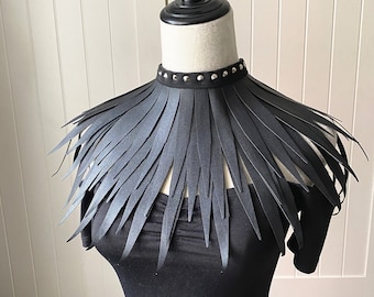 black vegan leather feathers collar capelet oversize bib necklace / gothic man's spikes choker cape steampunk wrap goth cosplay unisex gift