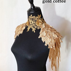 Quality silky gold 3D lace Angle wings epaulettes statement shoulder piece / black beige gothic feathers wing / party shower cos unisex boho