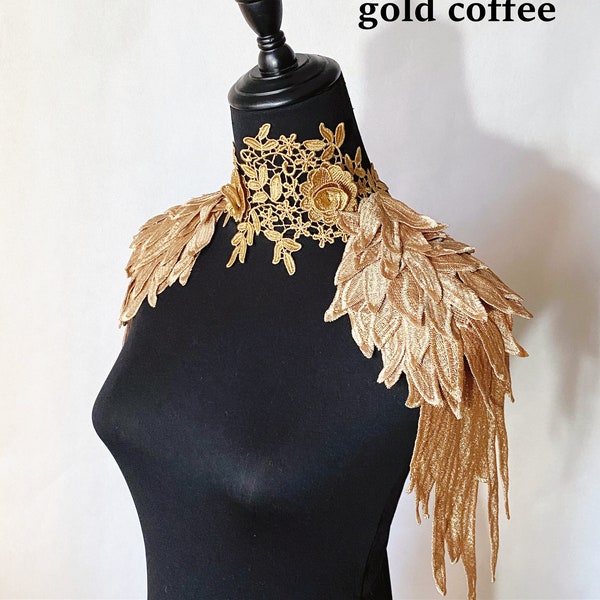 Quality silky gold 3D lace Angle wings epaulettes statement shoulder piece / black beige gothic feathers wing / party shower cos unisex boho