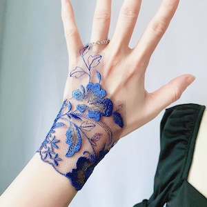 blue floral lace slave bracelet gloves / embroidered bracelet / silver ring wedding bridal lace gloves / long boho fabric bracelet gift