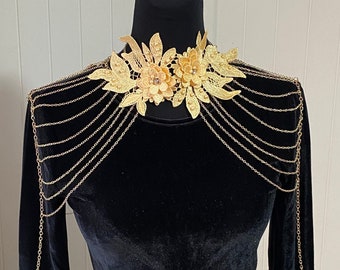 large gold lace floral bib necklace shoulder body chain / statement gold choker layered body chain / vintage art deco jewelry gift for women