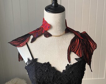 black red golden fish lace epaulettes shoulder piece gold silver body chain / embroidery lace fantasy cosplay gothic boho party shower gift