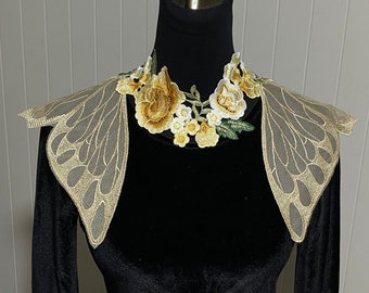 sheer lace butterfly lace shoulder necklace epaulettes cape / statement gold body chain / gothic floral lace choker Vintage art deco cosplay