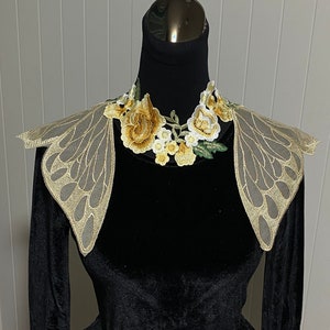 sheer lace butterfly lace shoulder necklace epaulettes cape / statement gold body chain / gothic floral lace choker Vintage art deco cosplay