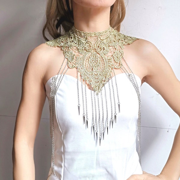 large gold lace chains tassel bib necklace / statement lace body chain / funky gothic retro art deco lace collar / gift for her vintage gold