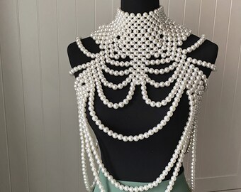 New pearls beaded large collar capelet top body chain shoulder jewelry / pearls cape bolero party bridal shower / boho pearl layers necklace