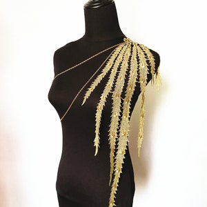 long feather gold lace epaulette loop body chain / shoulder wing jewelry / coffee black blue peacock tail feather shawl boho gift for her