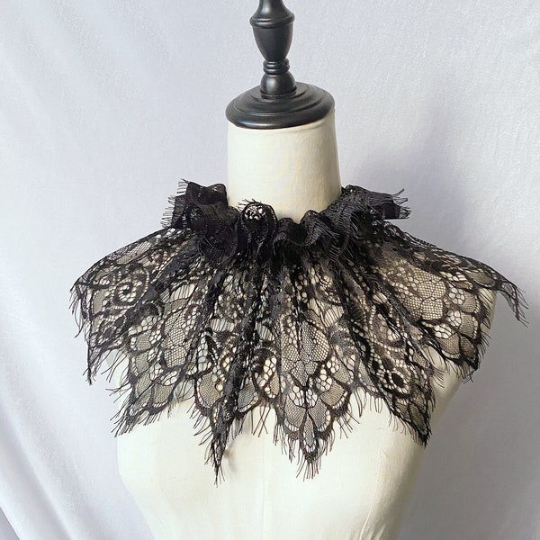 SALE oversized ruffled black lace choker collar / bib Statement necklace / vintage gothic Victorian fringe lace collar boho lace scarf wrap