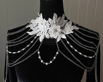 large lace floral choker collar necklace shoulder body chain / statement white silver gold layered  body chain / boho wedding bridal women