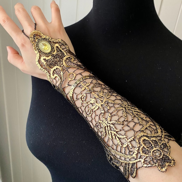 antiqued gold black long lace bracelet gloves / slave bracelet / gem crystal charm lace gloves / retro vintage art deco Venice lace bracelet