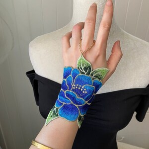 green floral lace bracelets / embroidered lace bracelet / party shower floral blue lace bangle accessory gift for her / boho fabric bracelet