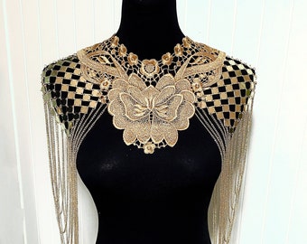 Gold Silver shoulder body chain layers epaulette / floral lace bib necklace / metal lacy capelet cape statement / queen punk boho rock party