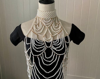 pearls dress body chain choker vest capelet / pearls beaded jewelry top layers bib / bridal Wedding pearls shrug bolero shower gift for her