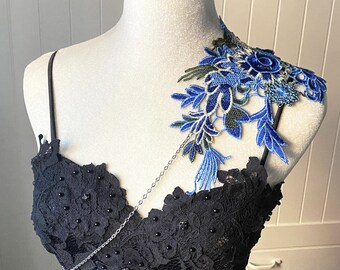 3D floral blue lace shoulder jewelry epaulet silver chain necklace / boho oversized lace Epaulette / Statement designer accessory gift