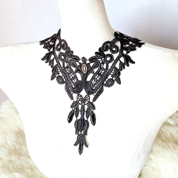 gothic black lace choker / pink gold lace collar bib statement necklace /  bridal wedding necklace / goth lace collar / gift for her