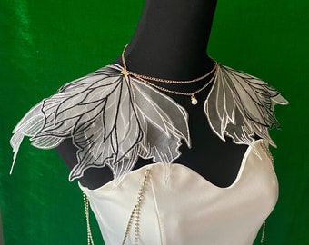 layers lace butterfly wing shoulder epaulettes gold necklace pearl / statement shoulder jewelry / Vintage art Nouvea boho  black white fairy