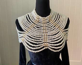 pearls beaded bib capelet top body chain armor shoulder jewelry / pearls cape bolero party shower / boho pearl beaded top layers bib collar