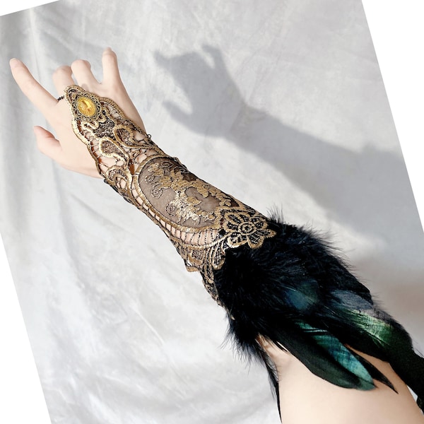 black feather gold black lace long bracelet / antiqued gold lace gloves / oversized lace slave bracelet / yellow crystal retro vintage