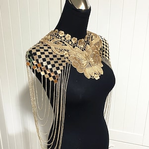 Gold Silver shoulder body chain layers epaulette / floral lace bib necklace / metal lacy capelet cape statement / queen punk boho rock party