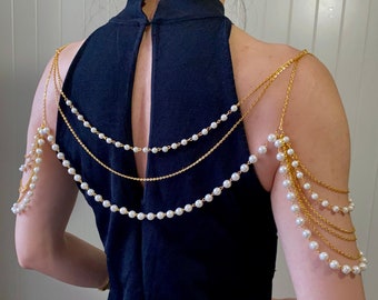 pearls gold beaded body chain shoulder jewelry layers necklace Wedding bridal shower glamour accessory shrug / pearls beaded shoulder piece