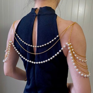 pearls gold beaded body chain shoulder jewelry layers necklace Wedding bridal shower glamour accessory shrug / pearls beaded shoulder piece