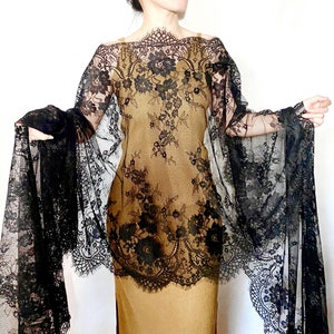 black white lace wrap large scarf - floral sheer lace shawl cape - veil mask belt gothic vamp multi-use Boho lace top dress wedding bridal