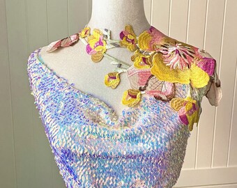 multicolor floral lace necklace shoulder jewelry Large Epaulette flowers bib shawl / Statement accessory / boho collar accessory dress top