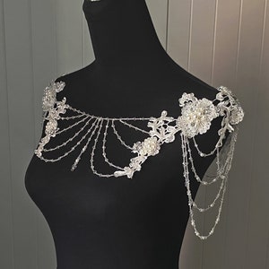 floral lace pearls crystals shoulder chain epaulette wedding necklace / bridal bolero shower beaded lace pearls shoulder piece body jewelry