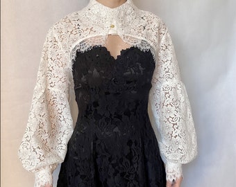 white black floral lace shrug long sleeves cape shawl / Vintage lace shrug gothic boho wedding lace top bolero puff sleeve balloon sleeve
