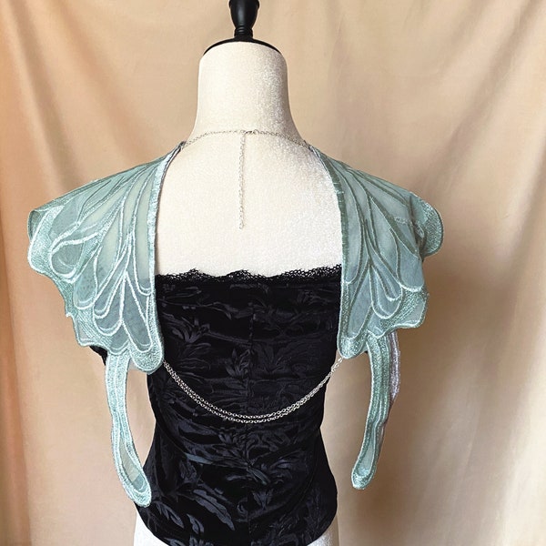 gothic black lace collar pearls beaded shoulder necklace / sheer lace butterfly shoulder capelet lace wings cape halloween vintage set