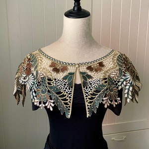 floral emboidered lace cape wrap vintage collar capelet / boho statement lace top bolero / gold pink green brown earth tone shawl gift her
