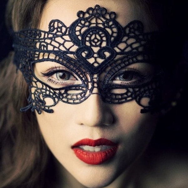 Original black/white/burgundy lace mask - vintage victorian halloween face wear - queen art deco gothic vamp dark red party mask