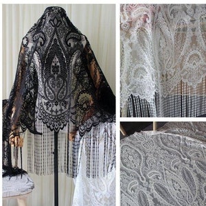 black vintage lace scarf wrap -  gothic lace shawl top tassel long fringes  - white vamp wrap cape Boho lace curtain cloth Fabric gift